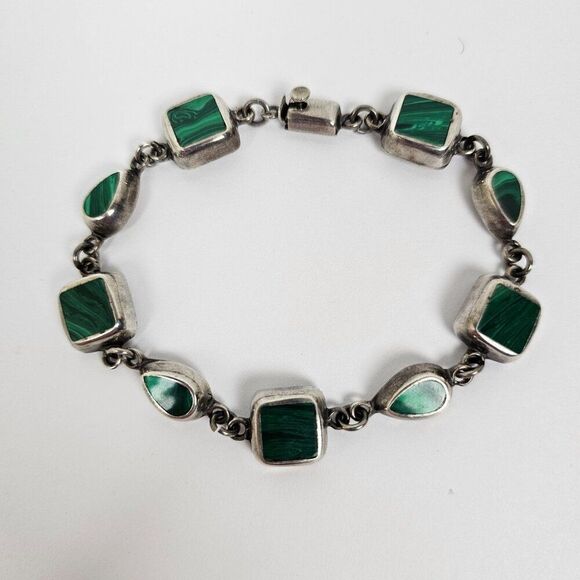 Vintage Taxco Mexico Sterling Silver Bracelet Malachite Green Stone Link 8.25" - Picture 1 of 10